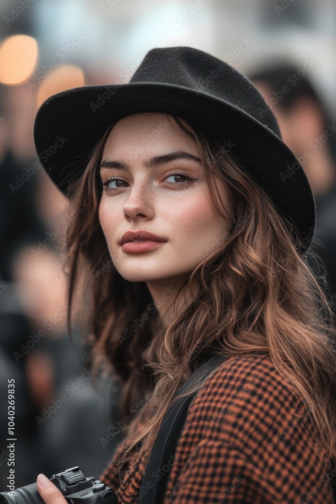 A woman wearing a hat and holding a camera A woman wearing a hat and holding a camera