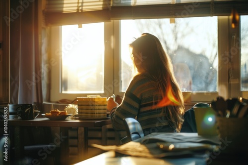 A woman sits at a desk with a window behind her, possibly working or studying photo