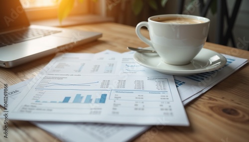 Coffee cup on a saucer next to financial documents and a laptop on a wooden table, in a warm workspace setting