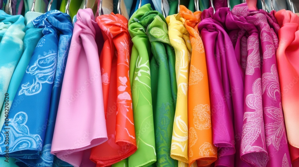 Vibrant scarves displayed in a colorful array at a textile shop Vibrant scarves displayed in a colorful array at a textile shop