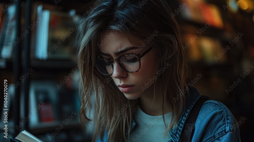 A person reading a book in a quiet library setting A person reading a book in a quiet library setting
