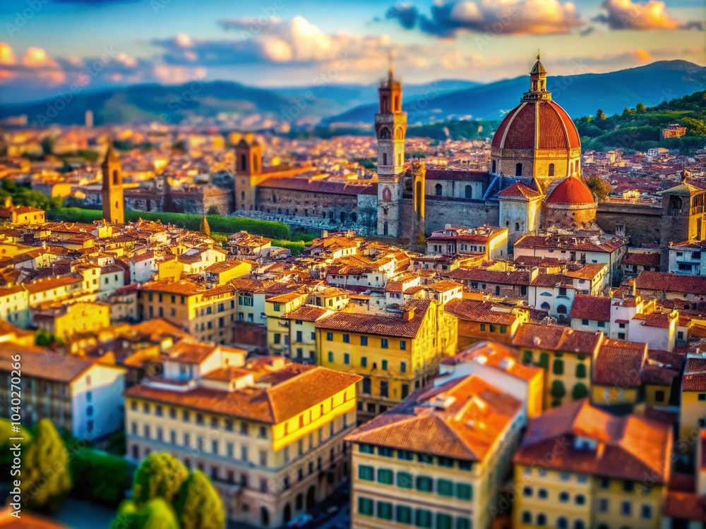 Obraz premium Stunning Aerial Tilt-Shift View of Florence, Italy - A Beautiful Capital of Tuscany Showcasing Iconic Landmarks and