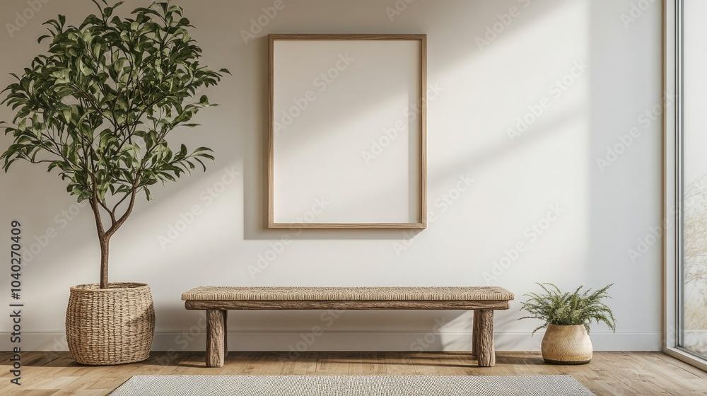 Blank wall frame above a simple bench in a Scandinavian-style room Blank wall frame above a simple bench in a Scandinavian-style room