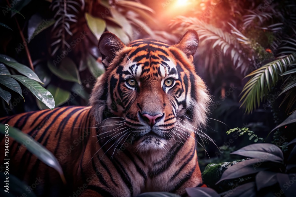 Stunning Aerial View of a Sumatran Tiger Face in Lush Jungle Environment Stunning Aerial View of a Sumatran Tiger Face in Lush Jungle Environment
