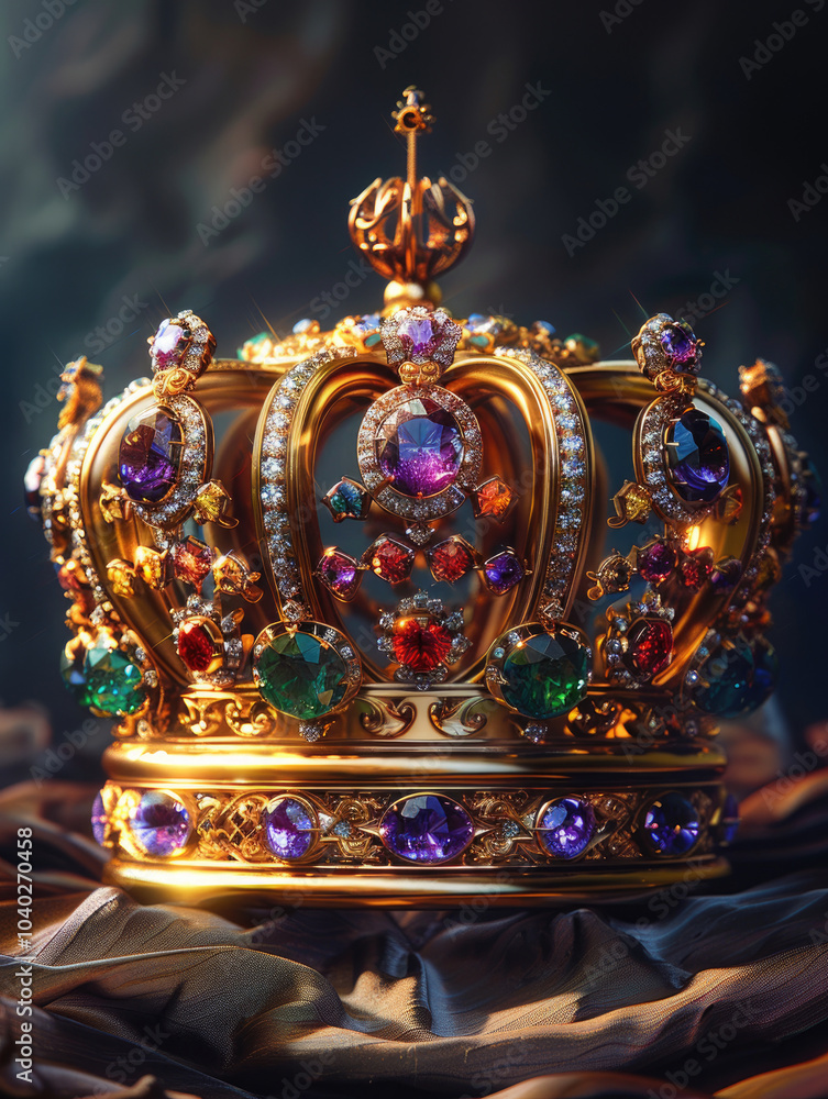 Obraz premium A lavish golden crown adorned with colorful gemstones, resting elegantly on a rich fabric.
