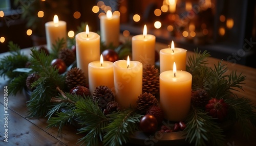 Tranquil candle arrangement with pine branches and ornaments for a festive atmosphere in a cozy setting