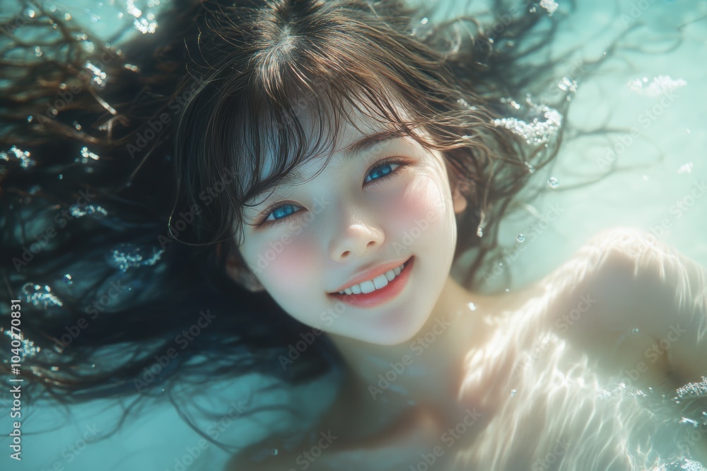 A carefree Asian girl enjoys floating in a pool, basking in the warmth of natural light. A carefree Asian girl enjoys floating in a pool, basking in the warmth of natural light.