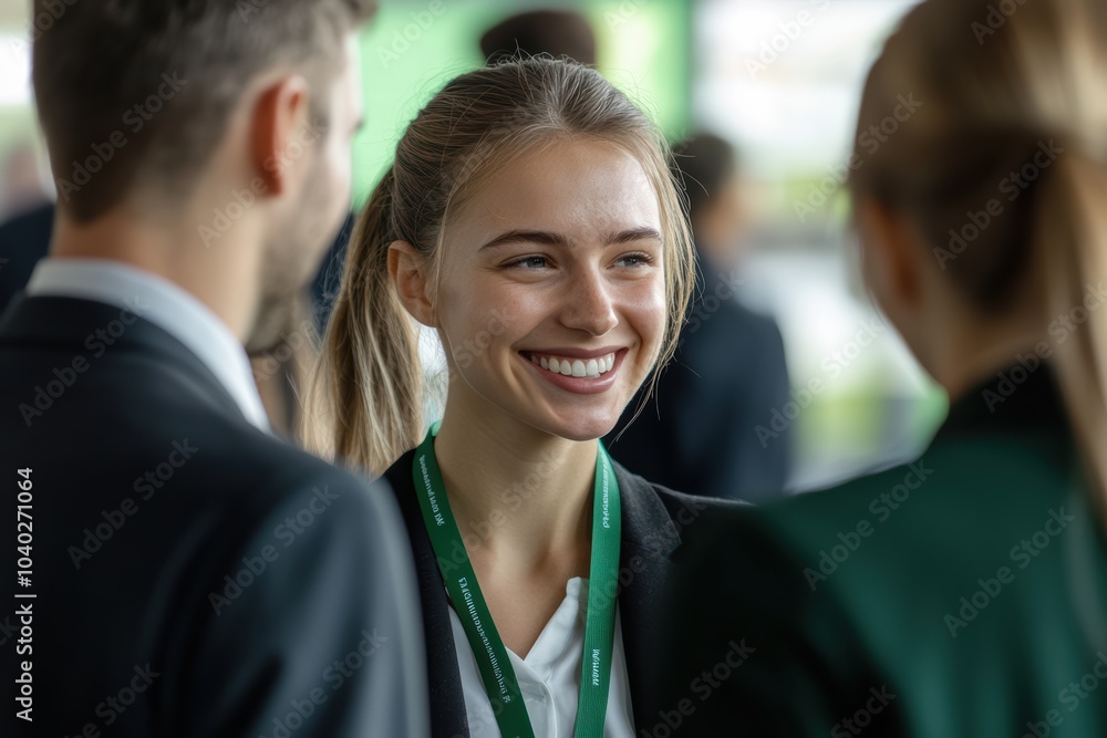 A business professional exchanges ideas with a peer at a corporate event, forming connections. The event’s green atmosphere promotes collaboration and relationship building. A business professional exchanges ideas with a peer at a corporate event, forming connections. The event’s green atmosphere promotes collaboration and relationship building.