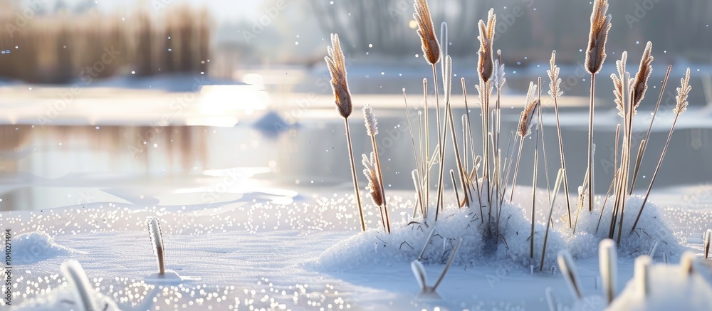 custom made wallpaper toronto digitalCattails growing in the foreground of a frozen lake create a serene winter scene with copy space image