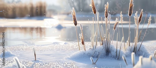Wallpaper Mural Cattails growing in the foreground of a frozen lake create a serene winter scene with copy space image Torontodigital.ca