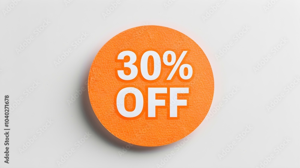 White '30% OFF' Text on a Light Orange Round Paper Note. White Background with Copy Space White '30% OFF' Text on a Light Orange Round Paper Note. White Background with Copy Space