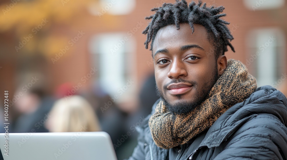 Young man wearing a scarf, sitting outdoors with a laptop Young man wearing a scarf, sitting outdoors with a laptop
