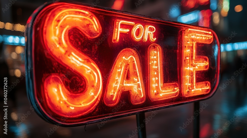 Bright red neon For Sale sign illuminated at night in a busy marketplace, capturing attention with vibrant colors and a bustling background Bright red neon For Sale sign illuminated at night in a busy marketplace, capturing attention with vibrant colors and a bustling background