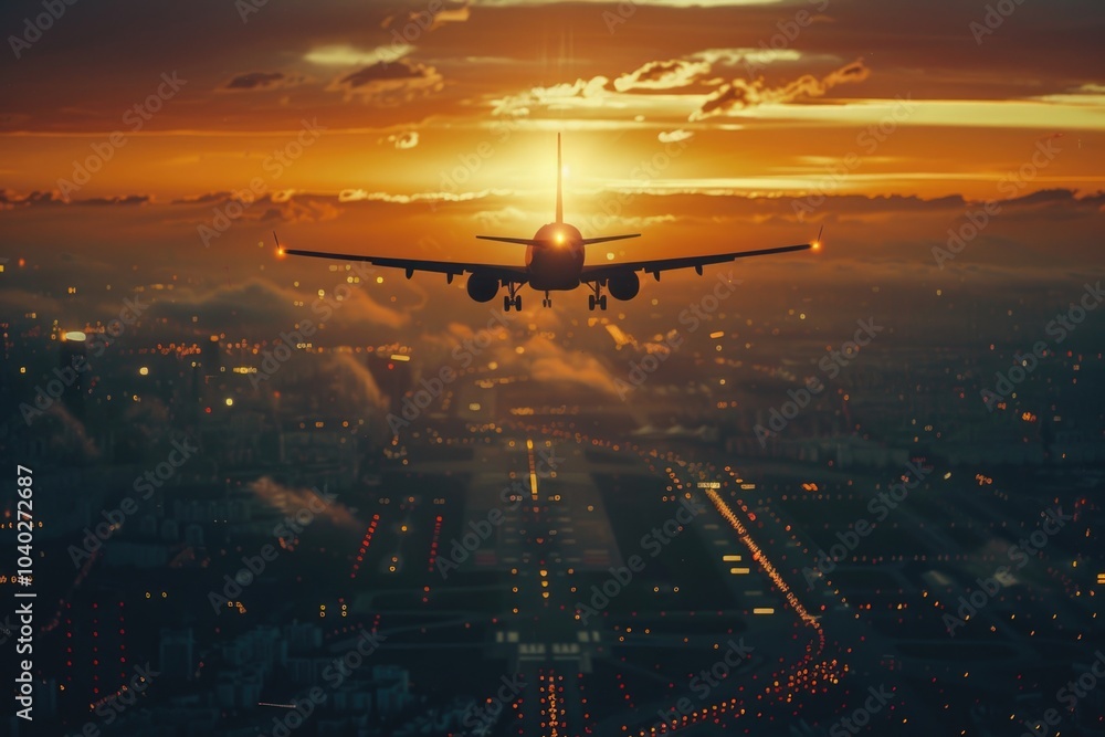 Airplane flying over a city during sunset Airplane flying over a city during sunset