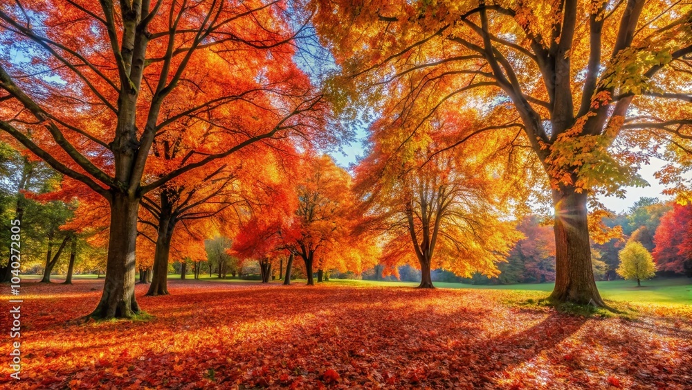 Naklejka premium Stunning Autumn Landscape with Colorful Foliage in Park - Panoramic View of Falling Leaves and Natural Beauty