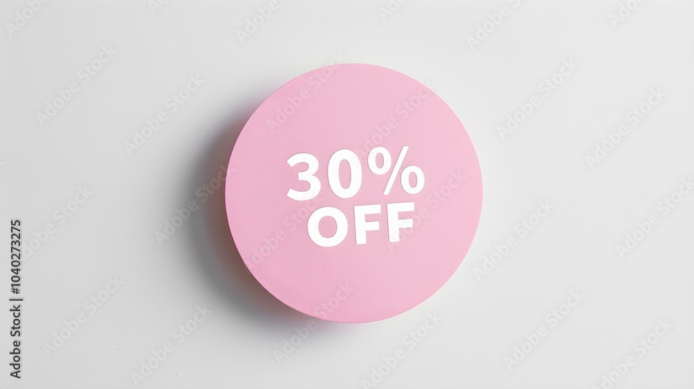 White '30% OFF' Text on a Light Pink Round Paper Note. White Background with Copy Space White '30% OFF' Text on a Light Pink Round Paper Note. White Background with Copy Space