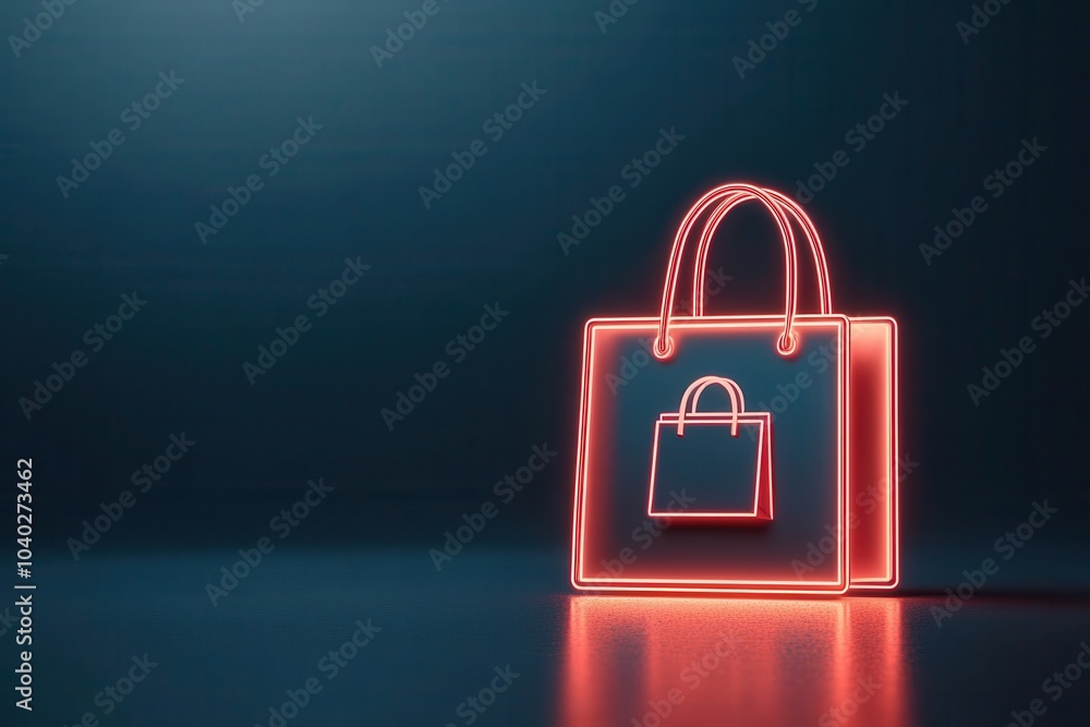 A luminous neon shopping bag icon against a dark background, symbolizing modern retail and e-commerce trends. A luminous neon shopping bag icon against a dark background, symbolizing modern retail and e-commerce trends.