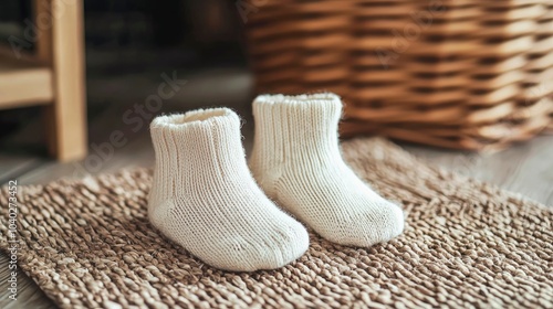 Cozy white knitted baby booties on a natural fiber rug photo