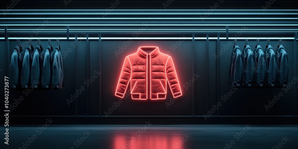A glowing neon puffer jacket displayed in a modern retail setting with sleek clothing racks in the background. A glowing neon puffer jacket displayed in a modern retail setting with sleek clothing racks in the background.