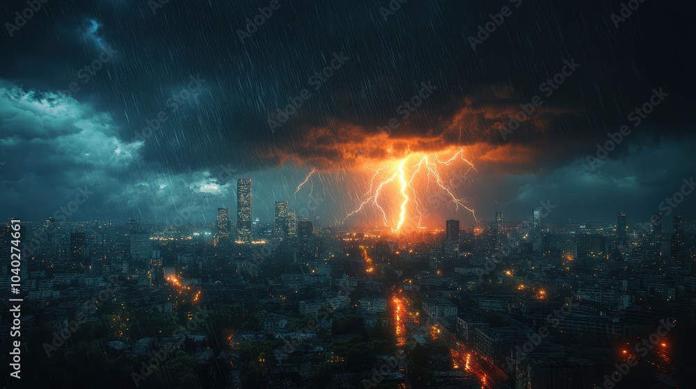 Obraz premium Dramatic lightning strikes over urban landscape during stormy night