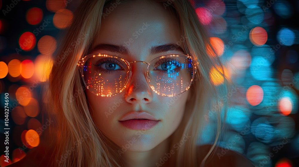 Mesmerizing portrait of a woman with glowing glasses against bokeh lights Mesmerizing portrait of a woman with glowing glasses against bokeh lights