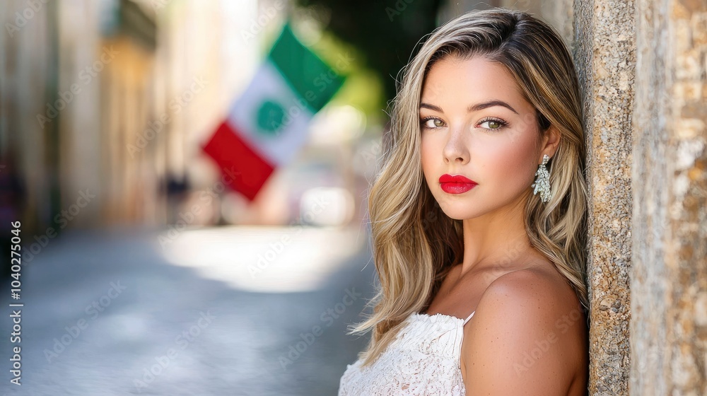 Fototapeta premium Young woman with bright red lips posing in a charming street
