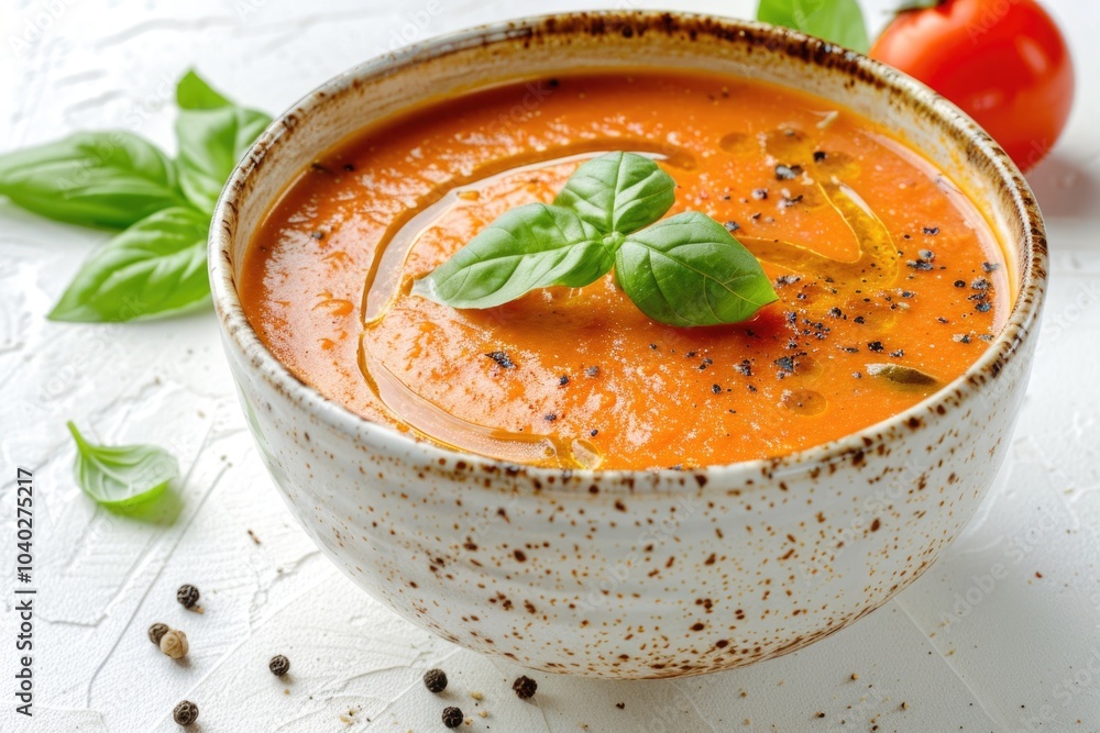 A warm and comforting bowl of tomato soup topped with fresh basil leaves A warm and comforting bowl of tomato soup topped with fresh basil leaves