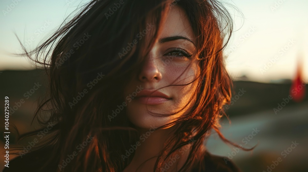 Captivating portrait of a woman with flowing hair in natural light Captivating portrait of a woman with flowing hair in natural light