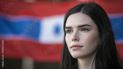 Contemplative young woman in front of a colorful flag