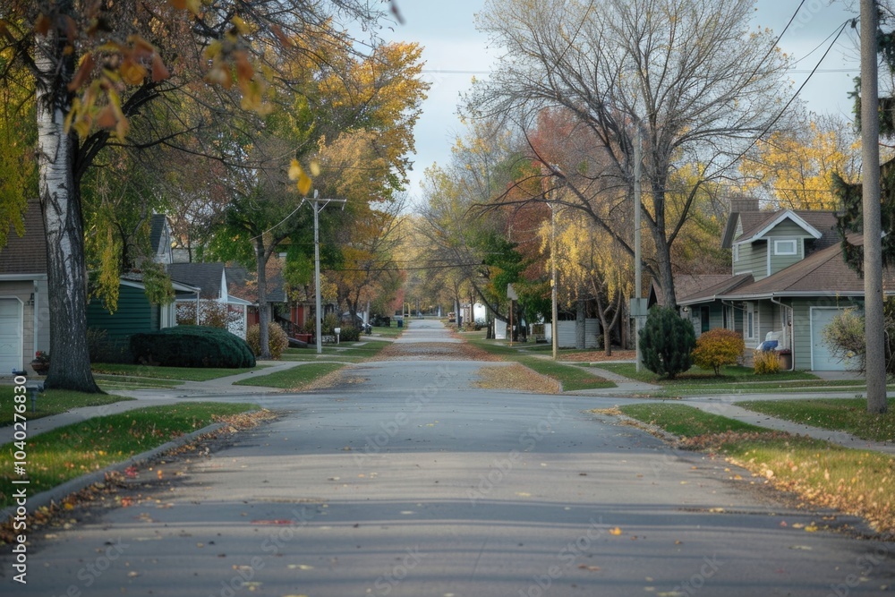 A typical suburban neighborhood scene with row houses and mature trees along the sidewalk A typical suburban neighborhood scene with row houses and mature trees along the sidewalk