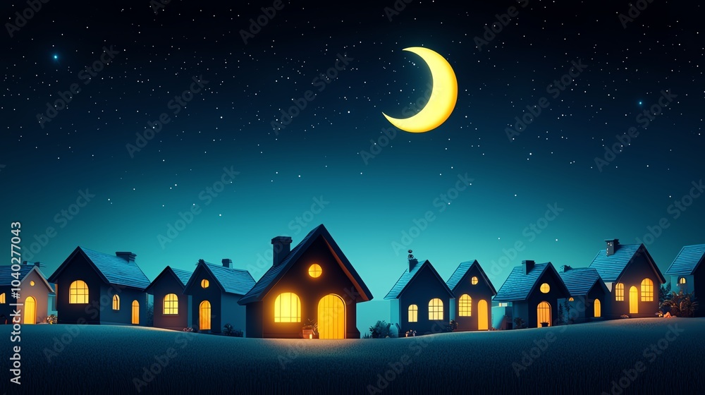 Fototapeta premium Charming houses illuminated at night under a crescent moon.