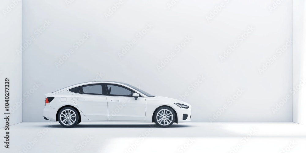 A single white car is parked in a modern white room with smooth walls and floor A single white car is parked in a modern white room with smooth walls and floor