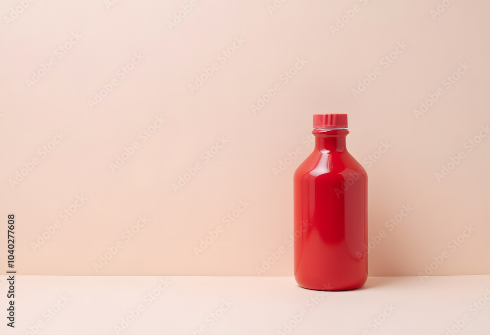 A sleek red minimalist bottle standing against a soft pink background. The clean lines and simple design of the bottle create a striking contrast with the pastel backdrop, resulting in a modern and A sleek red minimalist bottle standing against a soft pink background. The clean lines and simple design of the bottle create a striking contrast with the pastel backdrop, resulting in a modern and
