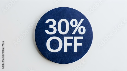 White '30% OFF' Text on a Navy Blue Round Paper Note. White Background with Copy Space