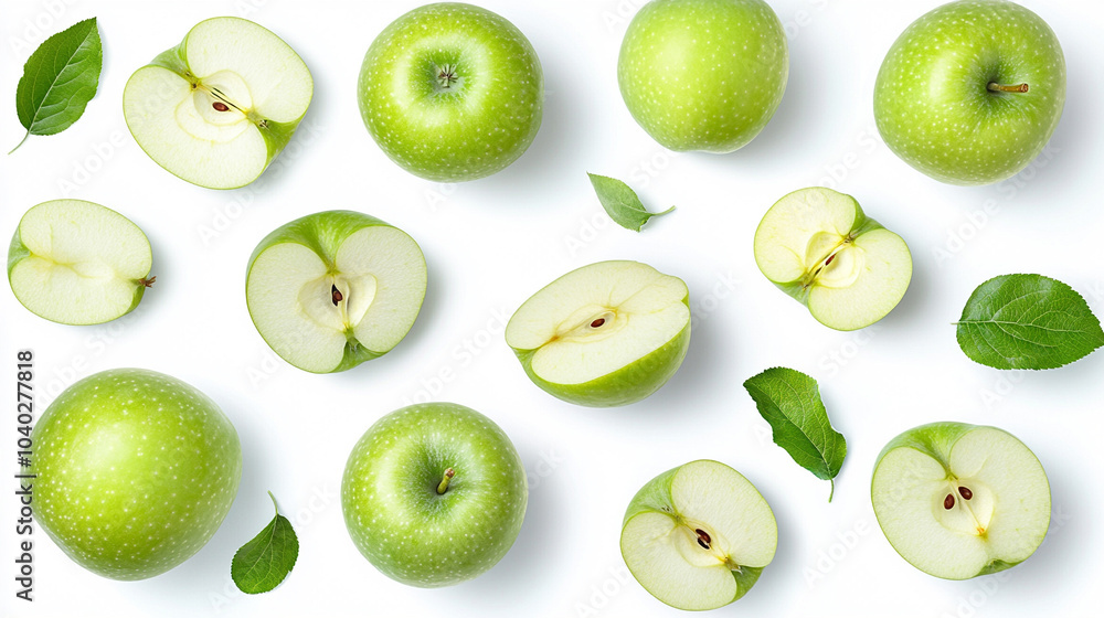 Fototapeta premium Apples isolated. Levitation of ripe green apples, apple halves and slices