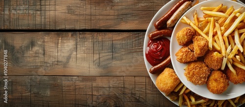 Plate with fried French fries sausages and nuggets on a wooden background with copy space image