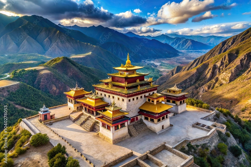 Aerial view of a recreated Tibetan temple in the mountains of Shangri La Aerial view of a recreated Tibetan temple in the mountains of Shangri La