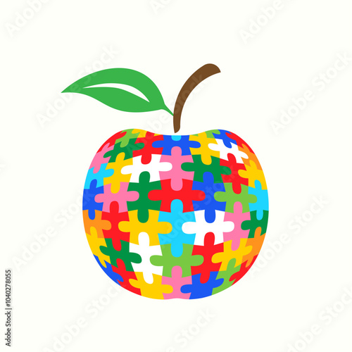 Apple shape puzzle with colorful pieces isolated on white background. Autism awareness concept design.