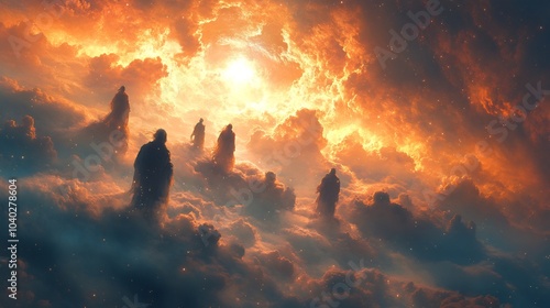 Watchers observing Earth celestial clouds their glowing eyes overseeing humanity with cosmic landscapes stretching beneath them creating an aura of divine authority