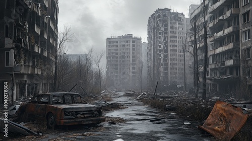City view of destroyed buildings apocalyptic horror damaged cars background wallpaper AI generated image
