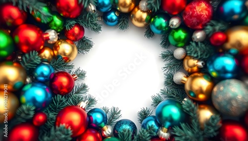 Christmas wreath with colorful glass balls on white. AI generated photo