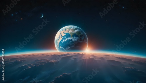 Eearth and sunnrise, View from the Moon. AI generated photo