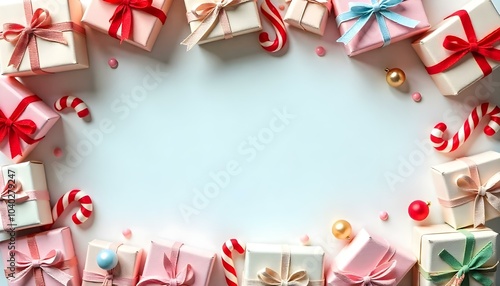 Christmas frame made of tiny gift boxes on light blue background, pine branches and red berries. AI generated
