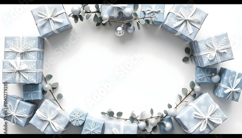 Christmas frame with fir branches and tiny light-blue gift boxes on a white background. AI generated