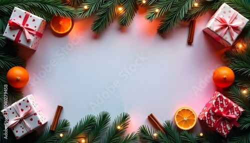 Christmas frame made of tiny gift boxes, pine branches, dried orange slises and lights. AI generated photo