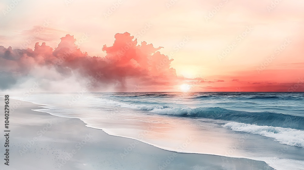 Fototapeta premium Tranquil Watercolor Seascape at Dusk by the Beach