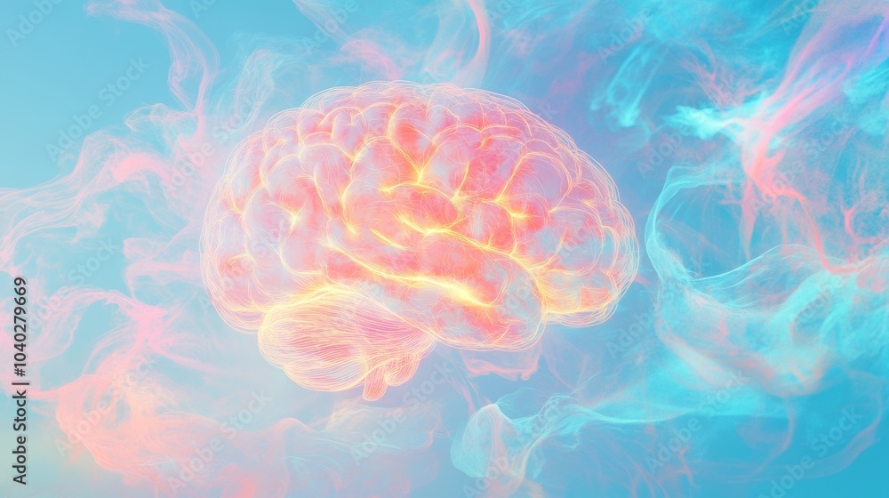 A brain is shown in a colorful, abstract style, with a blue background A brain is shown in a colorful, abstract style, with a blue background