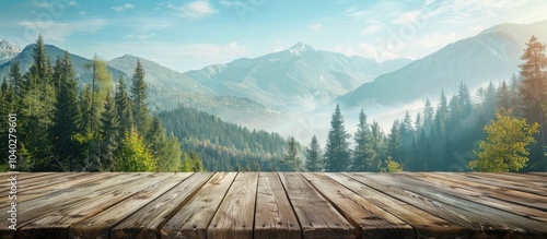 Wooden table offering copy space with a scenic mountain and forest background for displaying products
