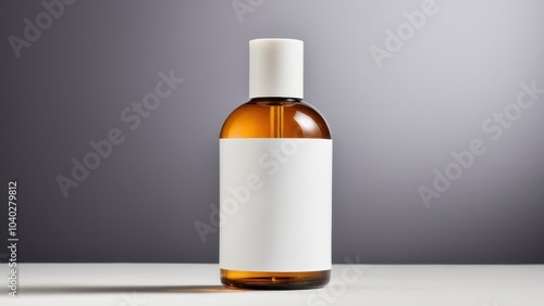 A brown glass bottle with a plain white label and white cap sits on a light surface, against a gradient gray background, conveying simplicity and elegance.