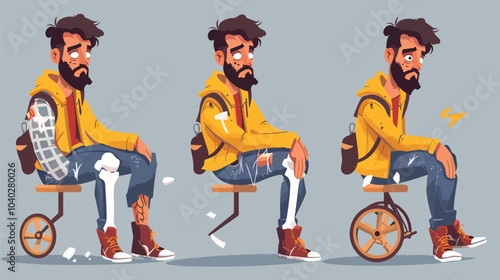 Set of sad character man with injuries. Fracture or dislocation of the leg, arm, neck damage, injury recovery, recovery